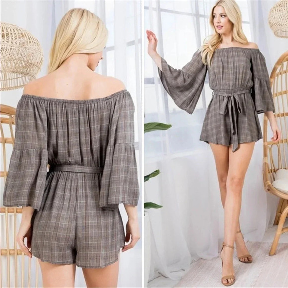 Boho Plaid Off Shoulder Romper | Bell Sleeve Cinched Waist Jumpsuit - Picture 5 of 11